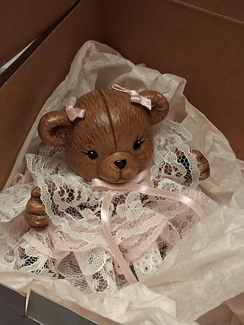 Brown Teddy Bear Figurine in White Lace Dress with Pink Bows (Vintage)